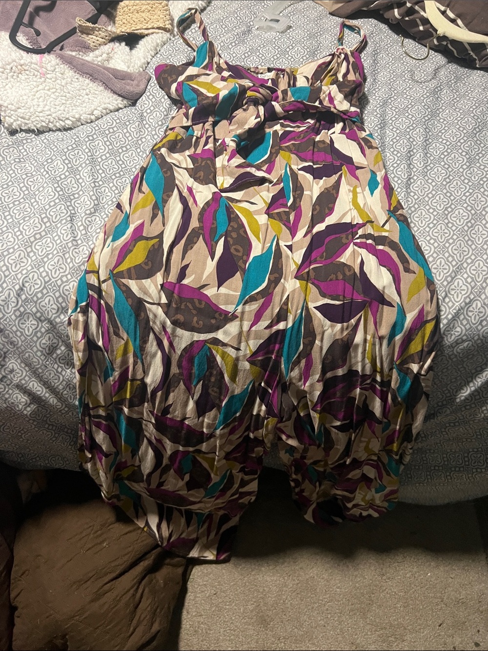 Cato Multicolor Leaf-Print wide leg jumper with slits in Teal, Purple & Mustard